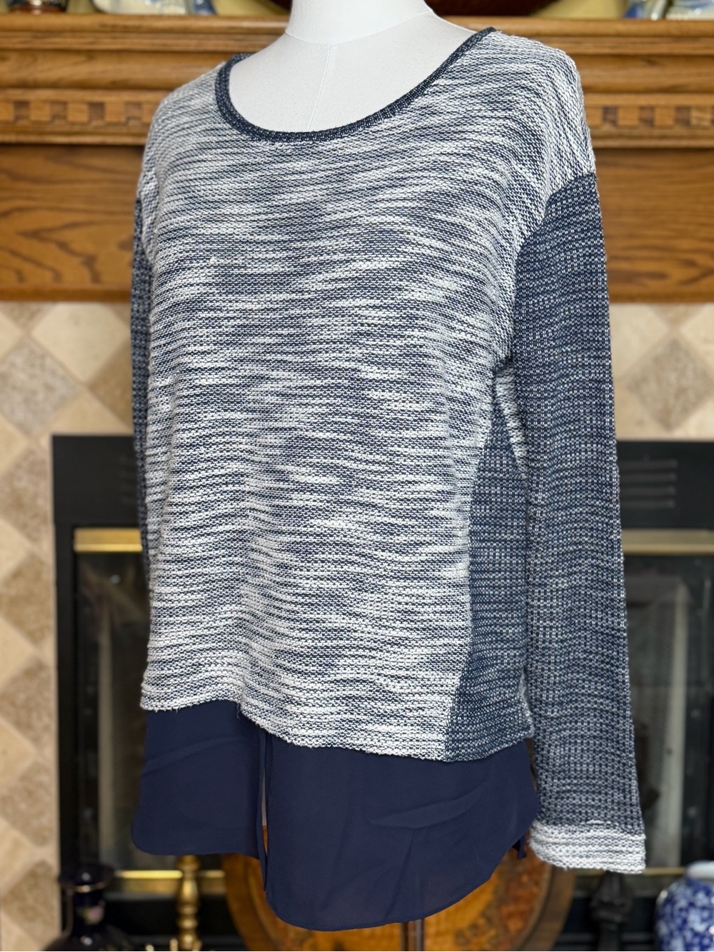 Women's Scoop Neck Layered Knit Sweater in Navy/White with Metallic Thread Accen